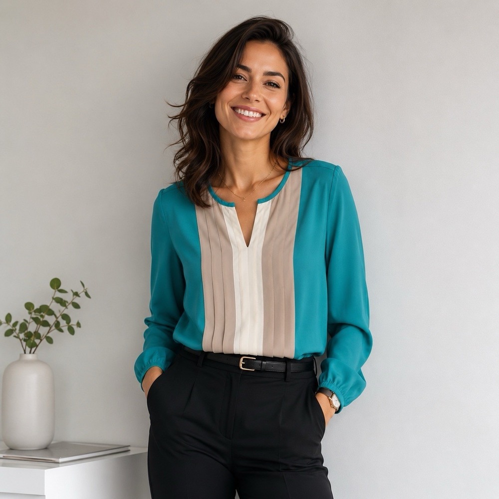 Alfani Chiffon Pintuck Career Blouse Party Top Women 14 Pleated Teal Blue Cream